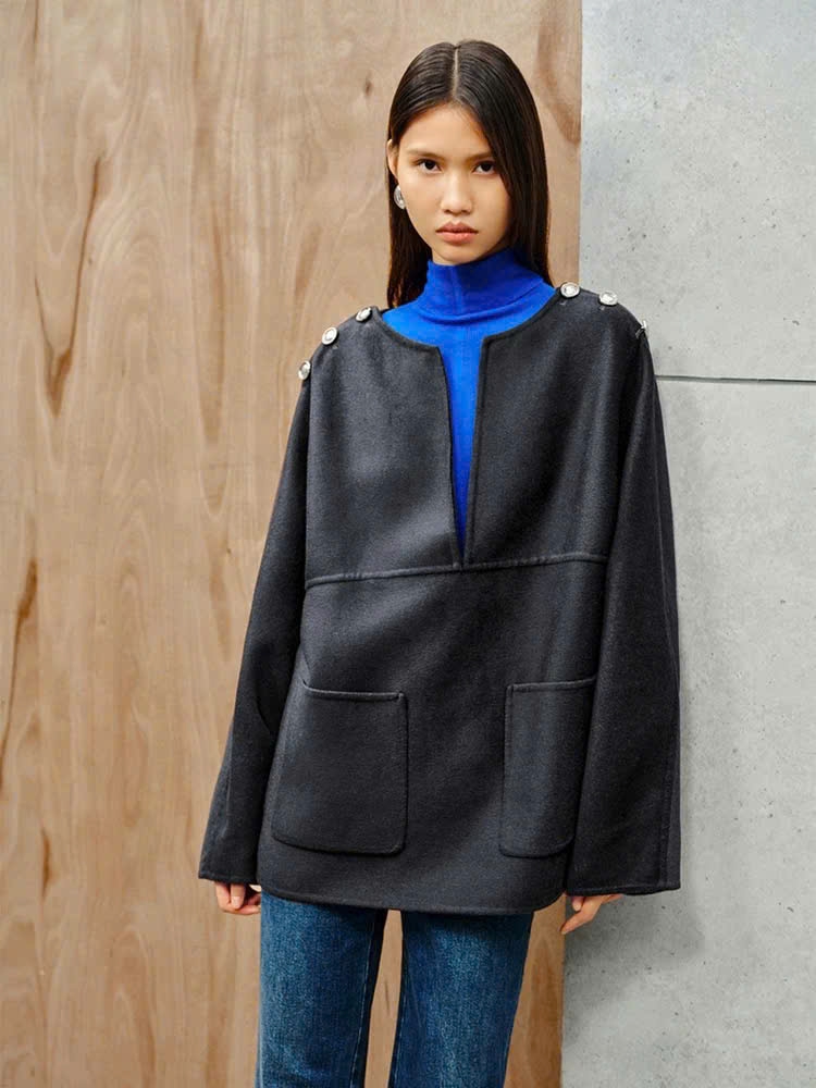 Coat dạ ép Massimo Dutti cổ V khuy vai