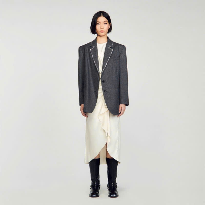 Set dạ Blazer Sandro đính đá bling màu lông chuột
