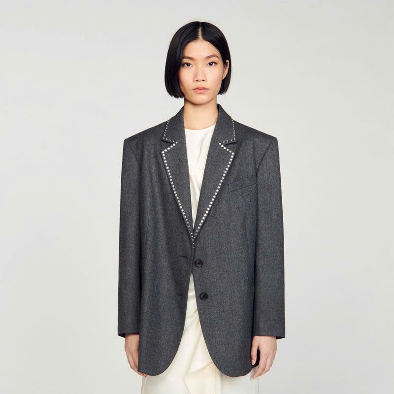 Set dạ Blazer Sandro đính đá bling màu lông chuột