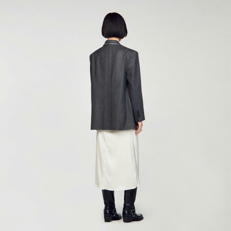 Set dạ Blazer Sandro đính đá bling màu lông chuột