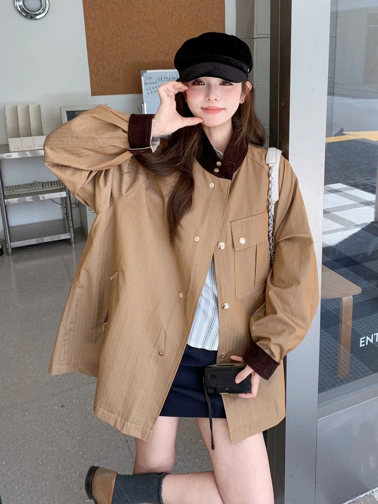 Trendcoat Sandro khaki da bò dáng suông cổ bẻ đen