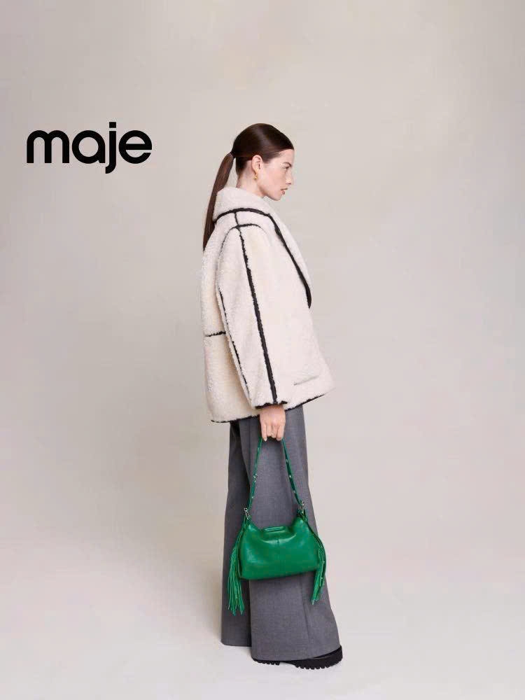 Jacket lông trắng lông cừu viền đen Maje