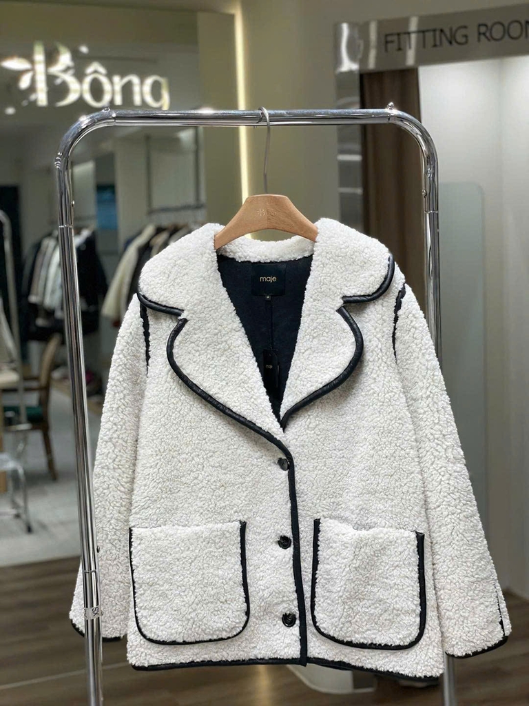 Jacket lông trắng lông cừu viền đen Maje