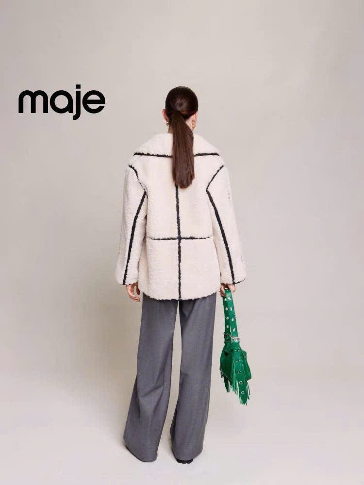 Jacket lông trắng lông cừu viền đen Maje