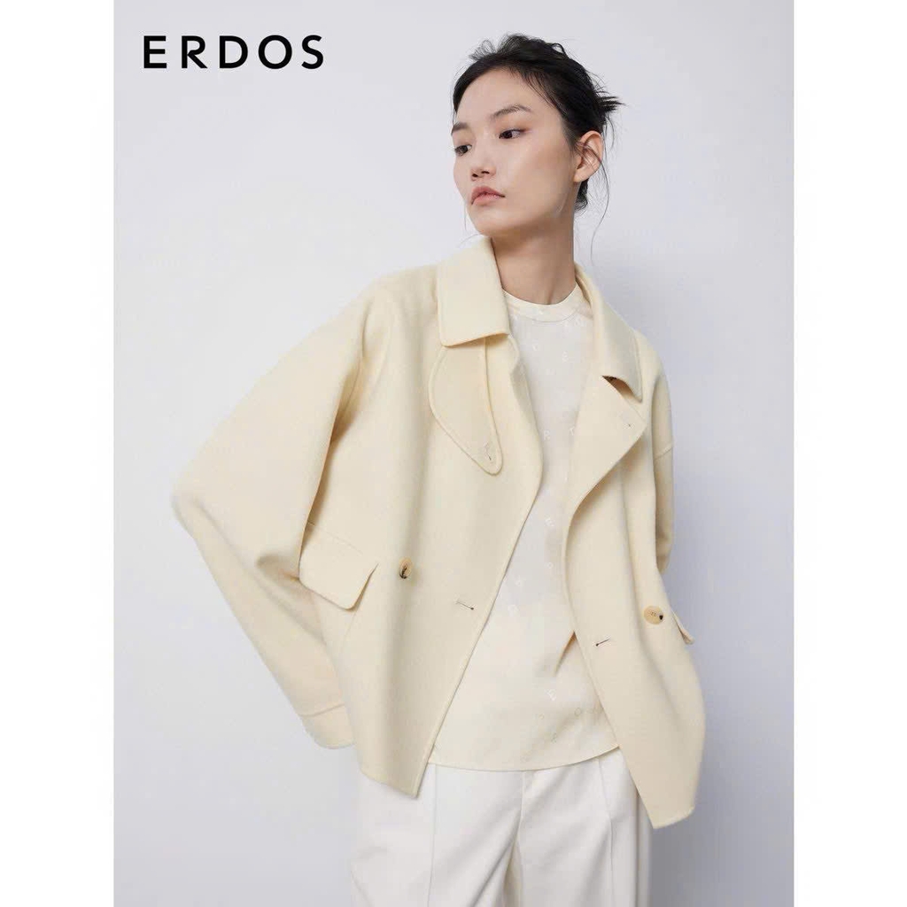 Coat dạ ép ERDOS cổ bẻ màu kem dáng lửng