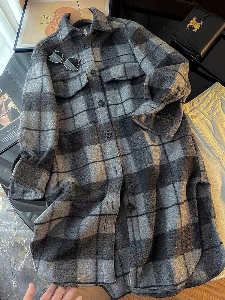 Áo dạ dài kẻ xám H&M