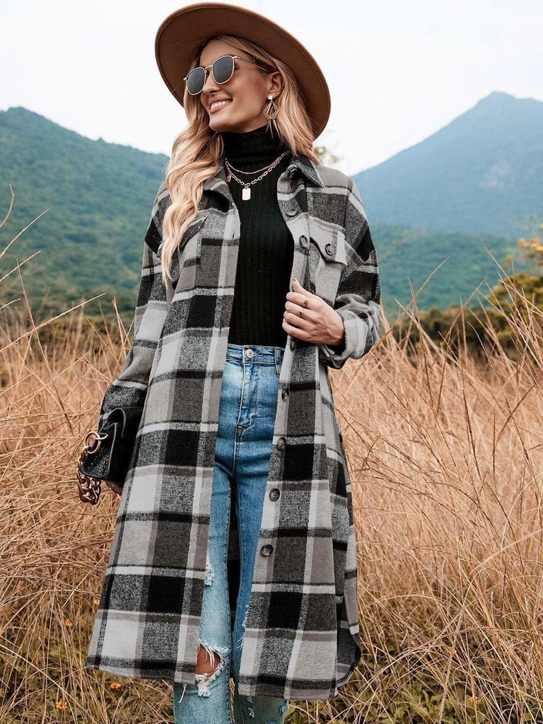 Áo dạ dài kẻ xám H&M