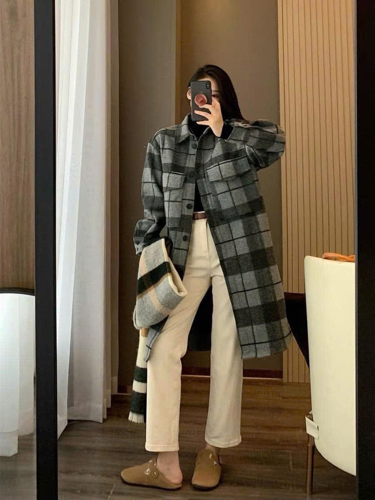 Áo dạ dài kẻ xám H&M