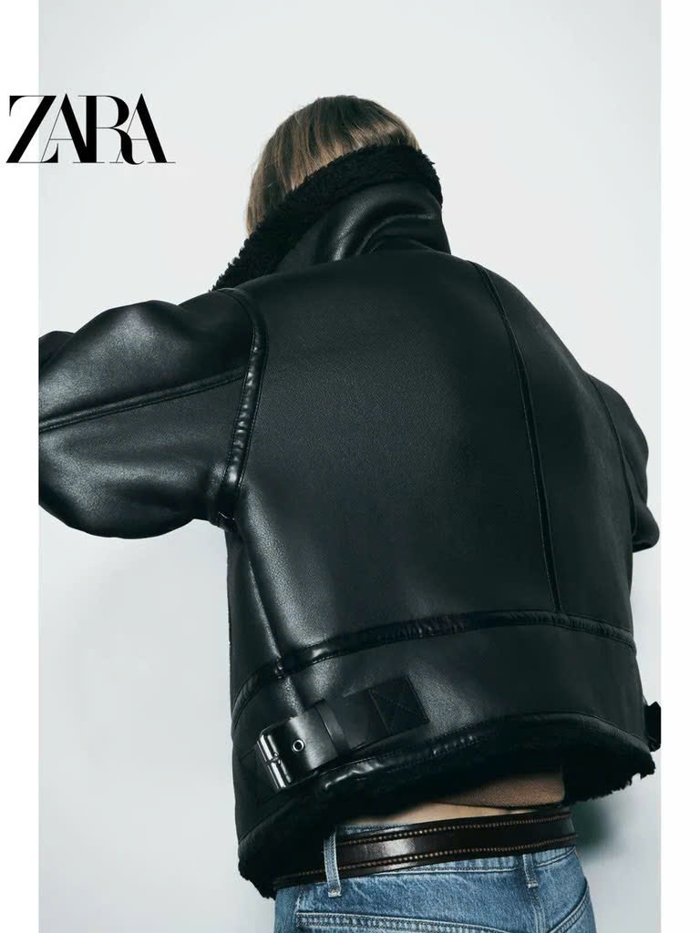 Jacket Zara đen lót lông cừu đen