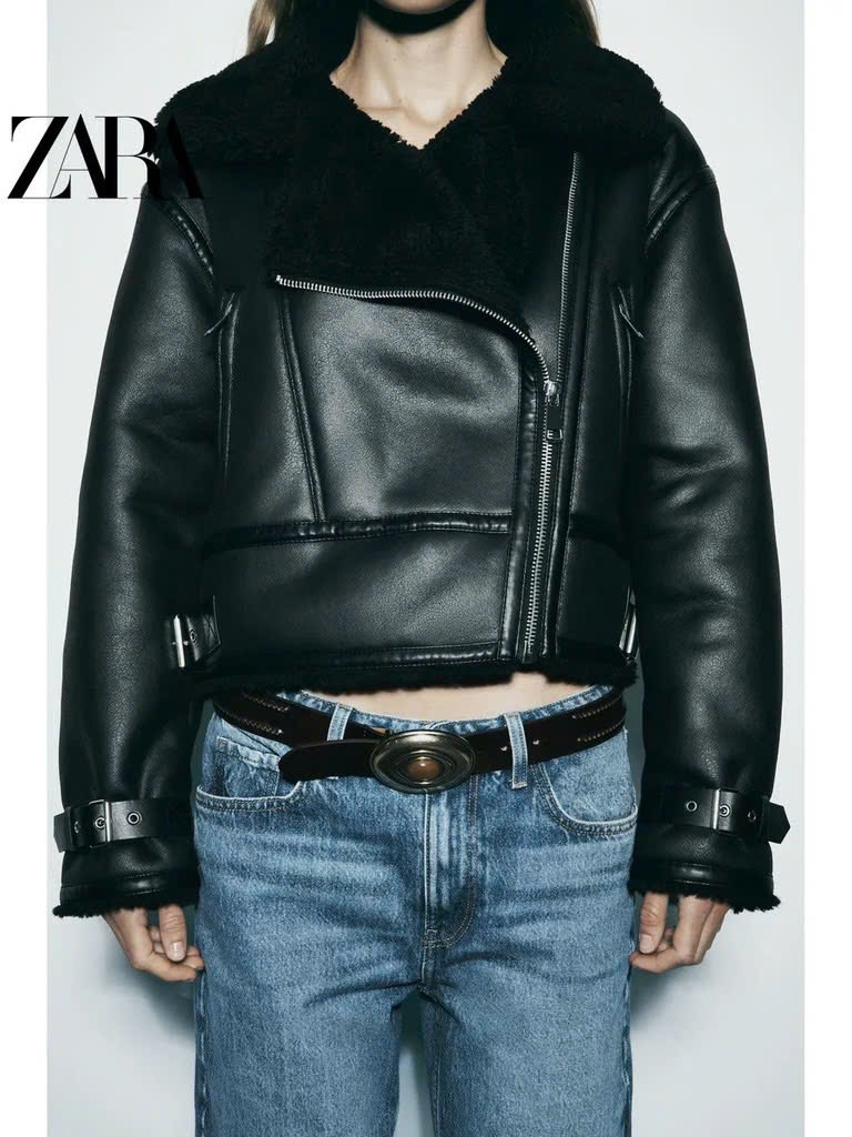 Jacket Zara đen lót lông cừu đen
