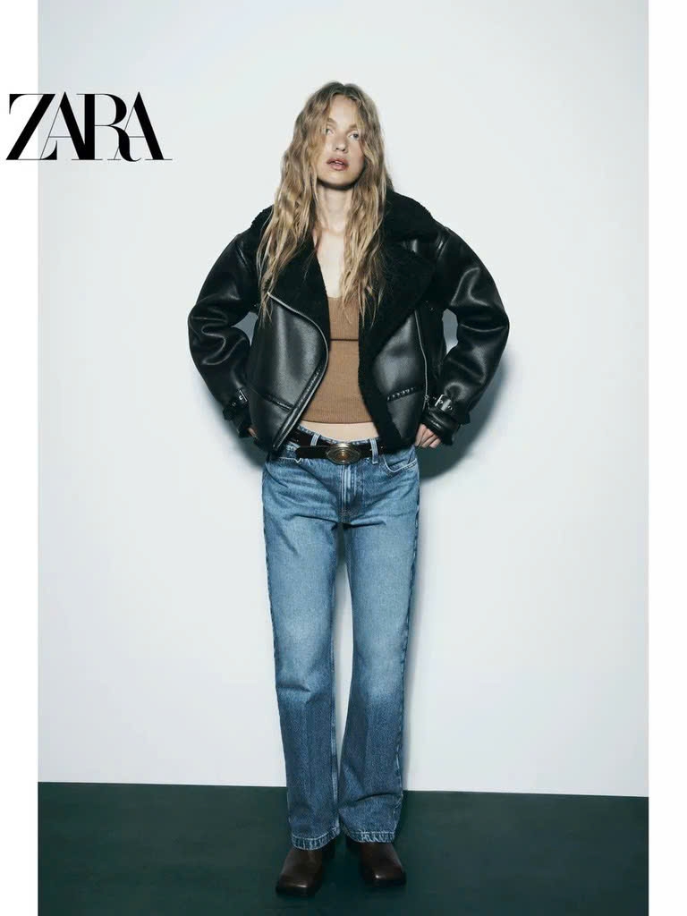 Jacket Zara đen lót lông cừu đen