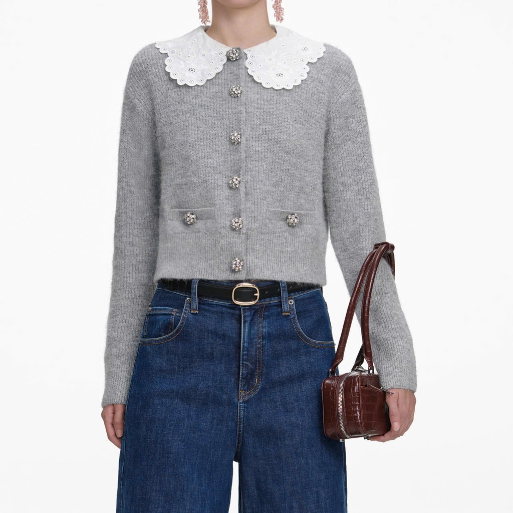 ÁO KHOÁC CARDIGAN CỔ REN MÀU XÁM