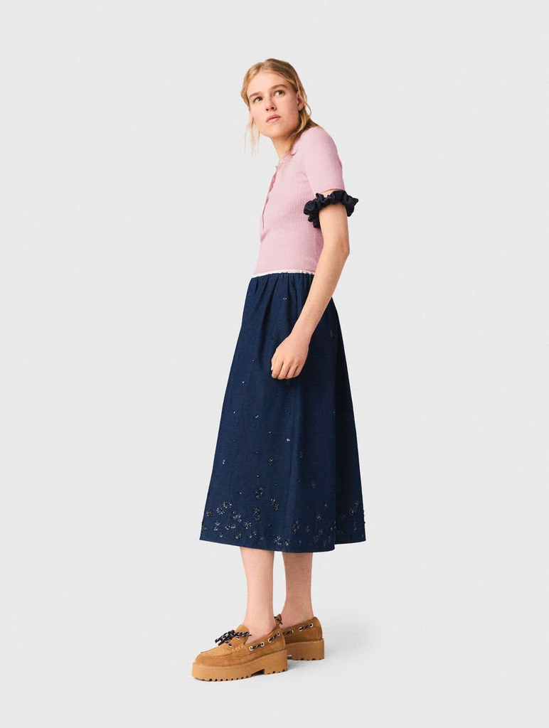 Chân váy midi denim thêu