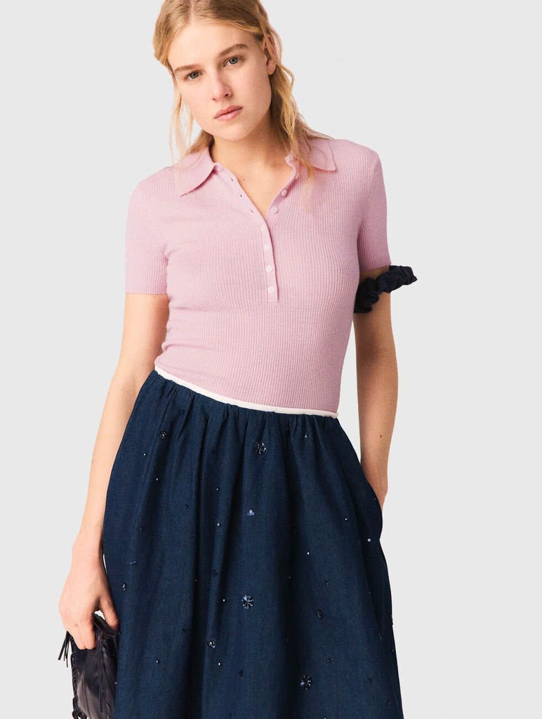 Chân váy midi denim thêu