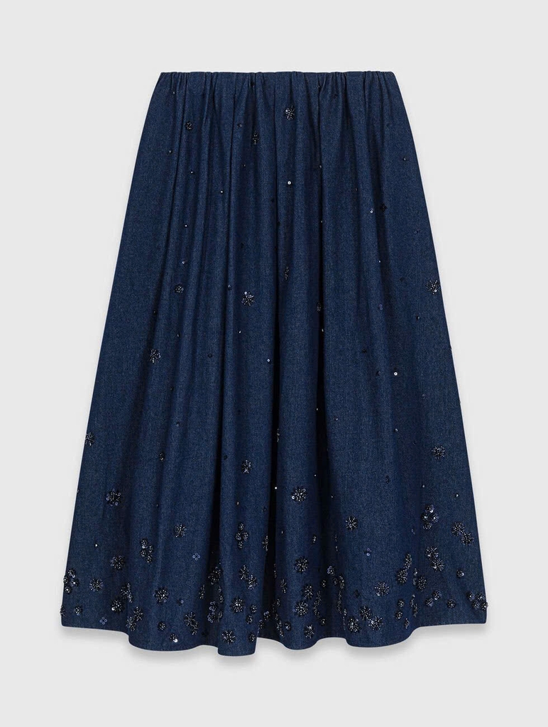 Chân váy midi denim thêu