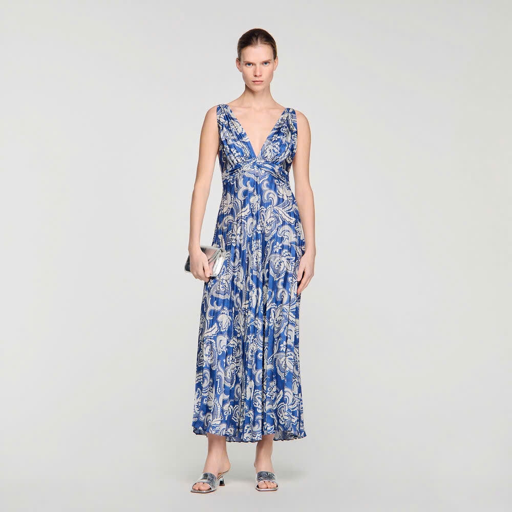 Váy maxi Maje xanh hoạ tiết Baroque xếp ly