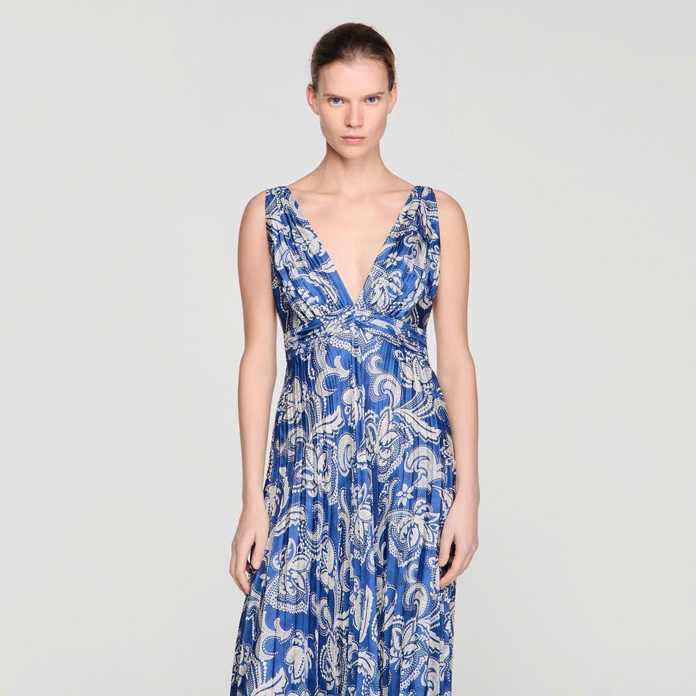 Váy maxi Maje xanh hoạ tiết Baroque xếp ly