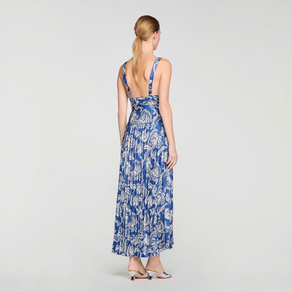 Váy maxi Maje xanh hoạ tiết Baroque xếp ly