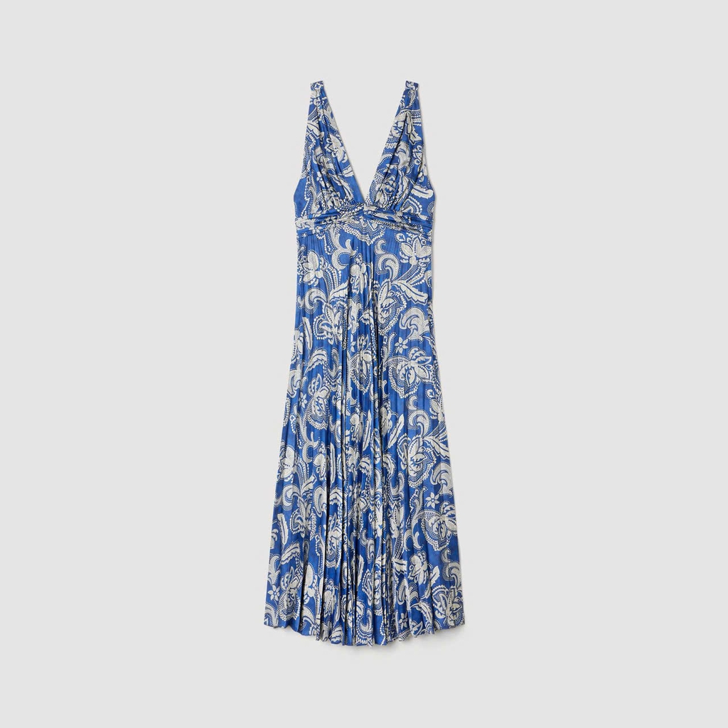 Váy maxi Maje xanh hoạ tiết Baroque xếp ly