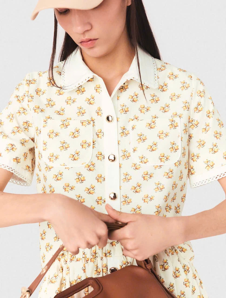 Áo sơ mi MAJE hoa nhí vàng cổ đức dáng crop (set 2pcs tách set)
