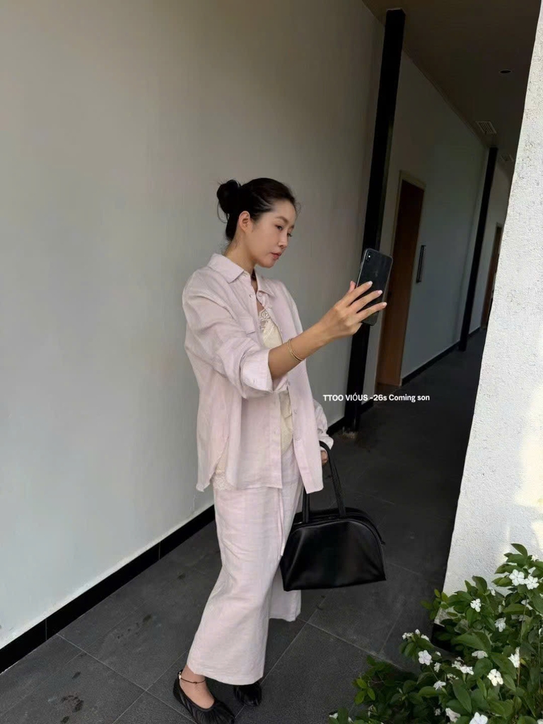 Set linen Áo sơ mi cổ đức + Chân váy midi TTOO VOIUS Hàn Quốc