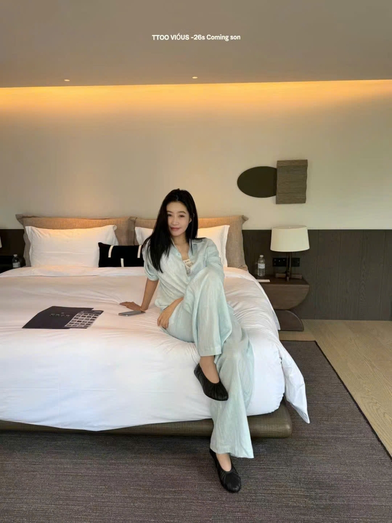 Set linen Áo sơ mi cổ đức + Quần suông TTOO VOIUS Hàn Quốc