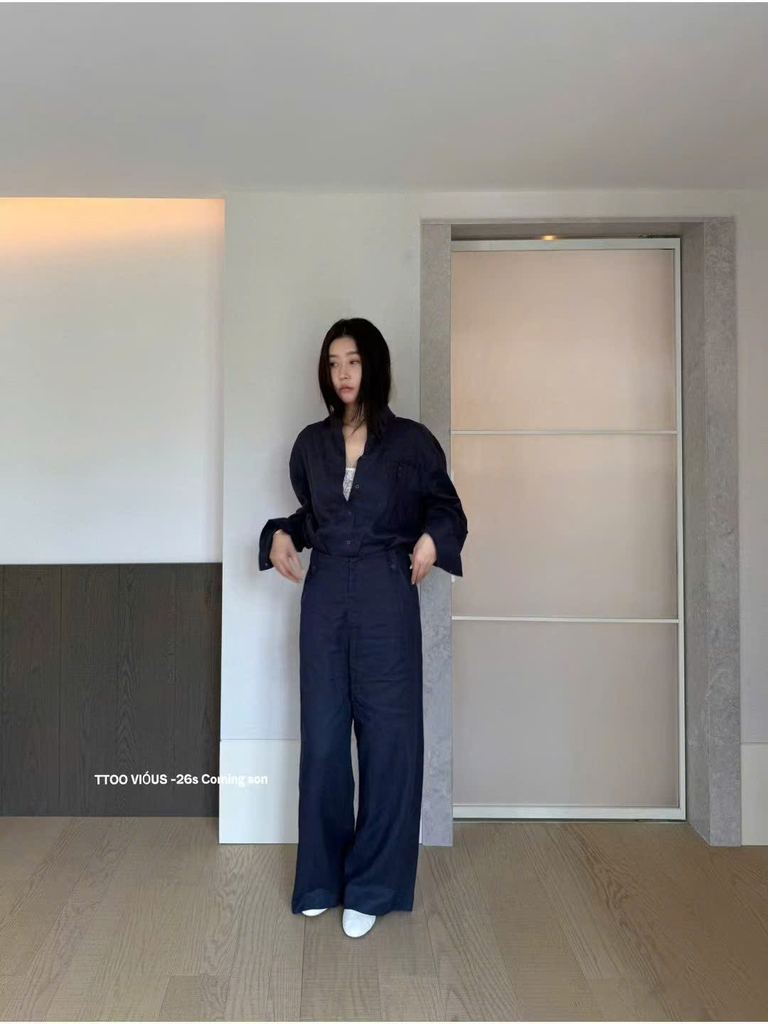Set linen Áo sơ mi cổ đức + Quần suông TTOO VOIUS Hàn Quốc