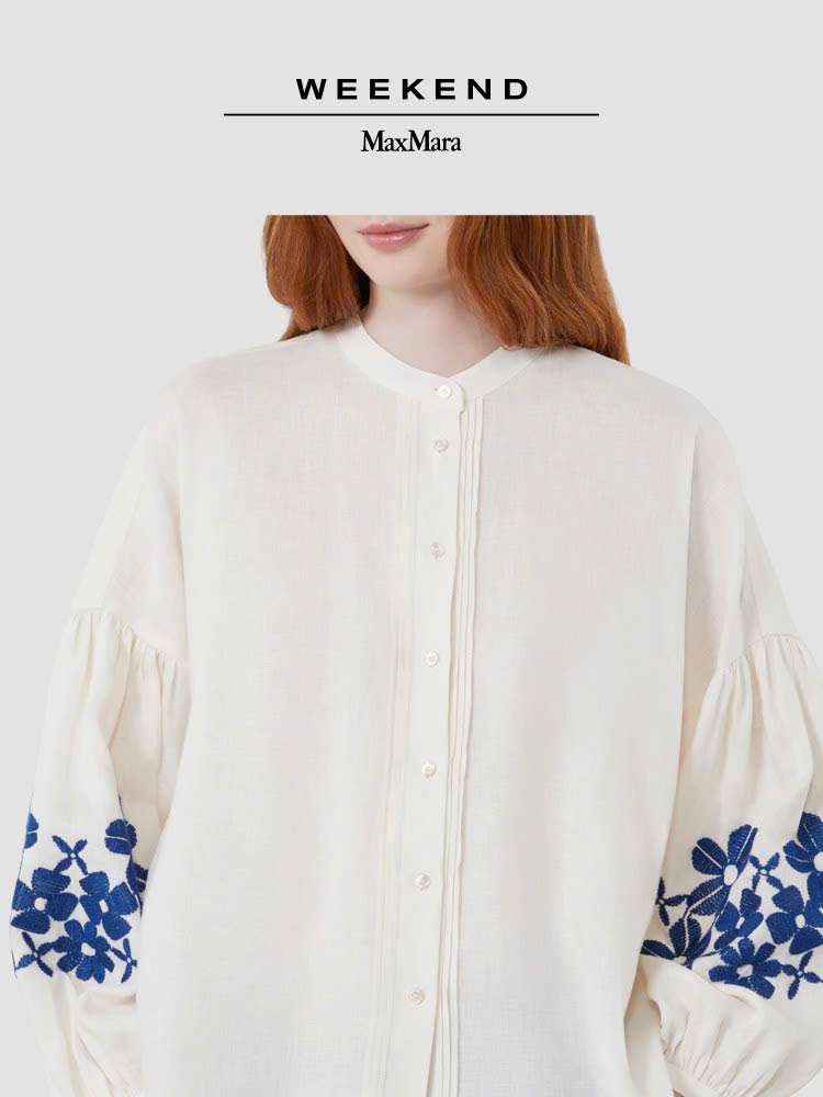 Sơ mi Weekend MaxMara tay đèn lồng thêu hoa xanh