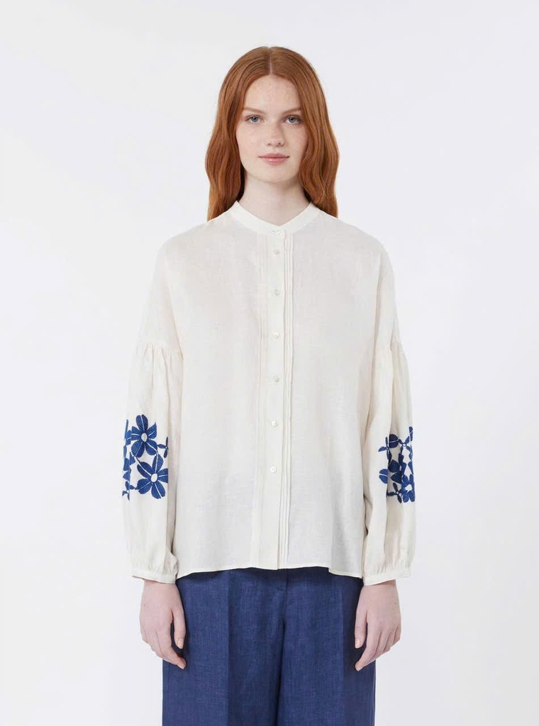 Sơ mi Weekend MaxMara tay đèn lồng thêu hoa xanh