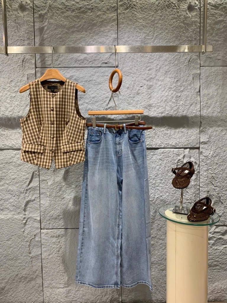 Quần denim lạnh T -Flatform dáng suông kèm belt 2 màu (V68280)