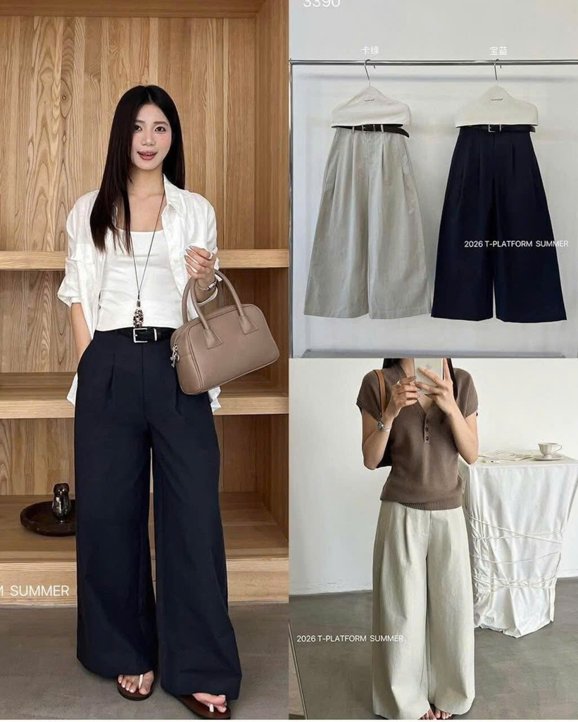 Quần suông T-Flatform ống cong phối khuy bấm 3 màu kèm belt (6258)