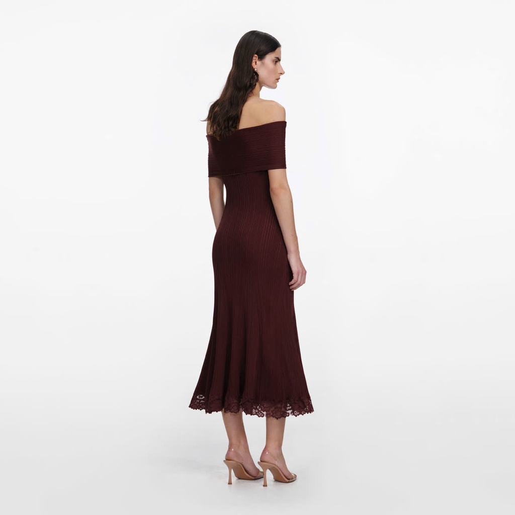 ĐẦM MIDI DỆT KIM MÀU ĐỎ TÍA PHỐI REN