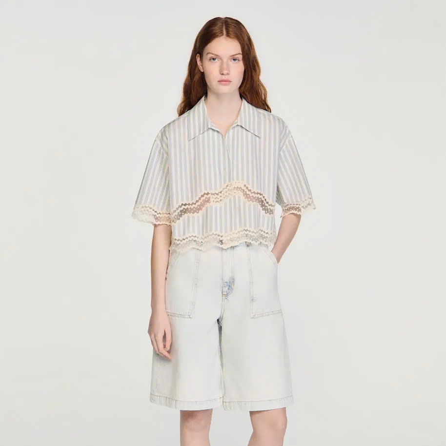 Áo sơ mi cotton kẻ sọc dáng cropped