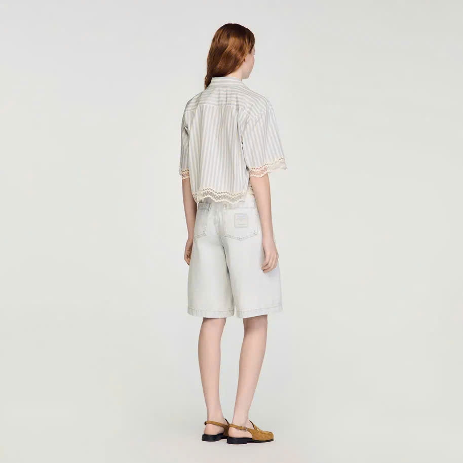 Áo sơ mi cotton kẻ sọc dáng cropped