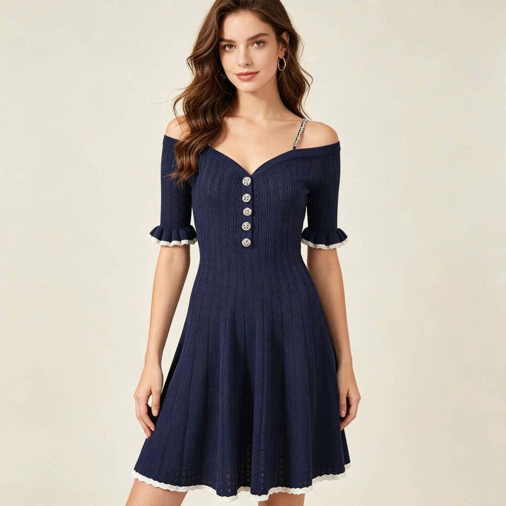Váy trễ vai BEBE len dệt dáng xòe màu navy