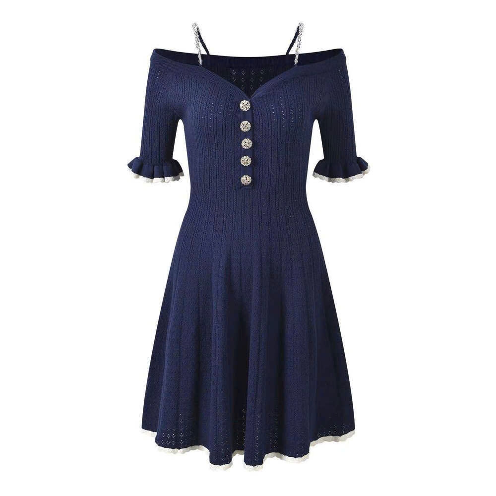 Váy trễ vai BEBE len dệt dáng xòe màu navy
