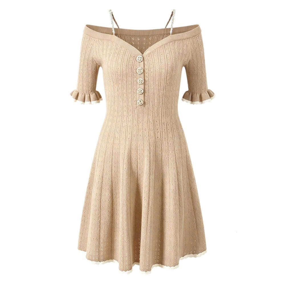 Váy trễ vai BEBE len dệt dáng xòe màu navy
