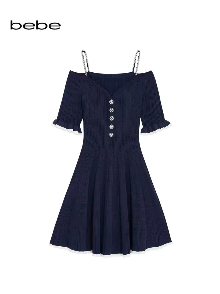 Váy trễ vai BEBE len dệt dáng xòe màu navy