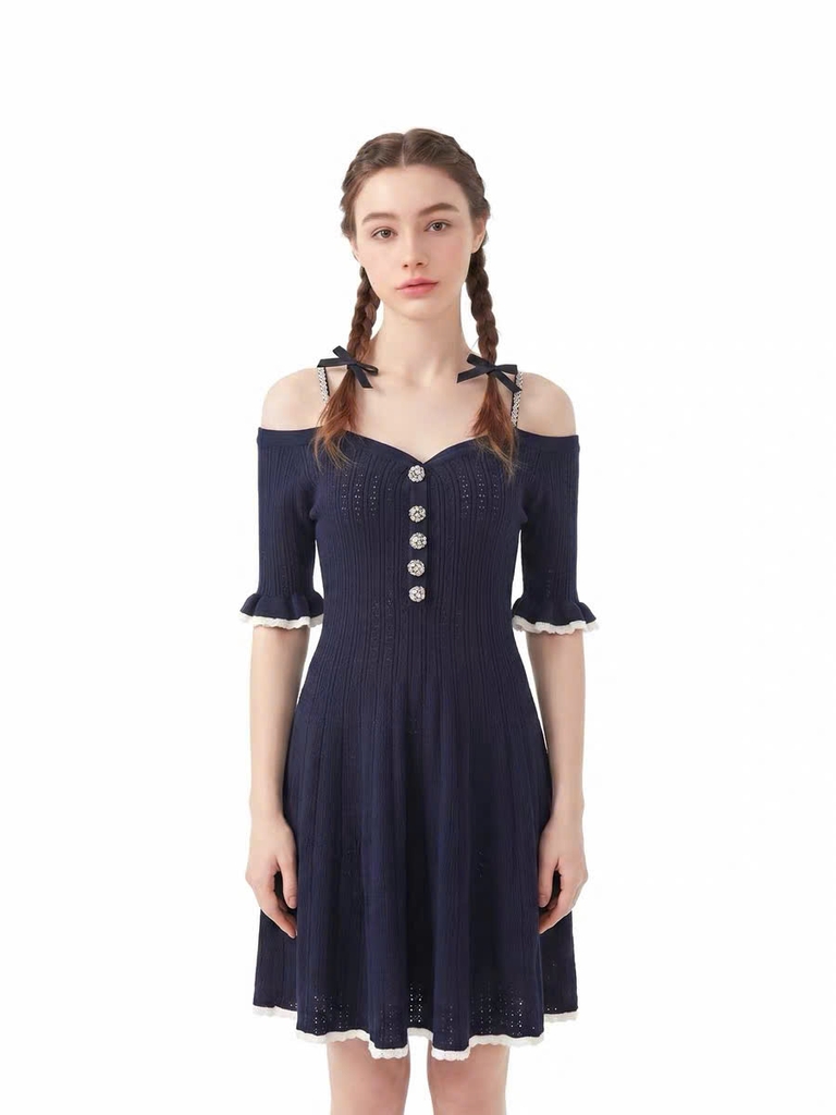 Váy trễ vai BEBE len dệt dáng xòe màu navy
