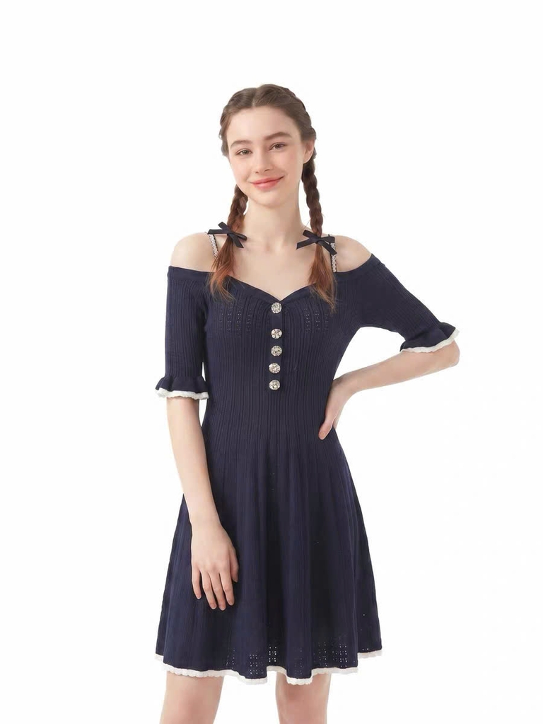 Váy trễ vai BEBE len dệt dáng xòe màu navy