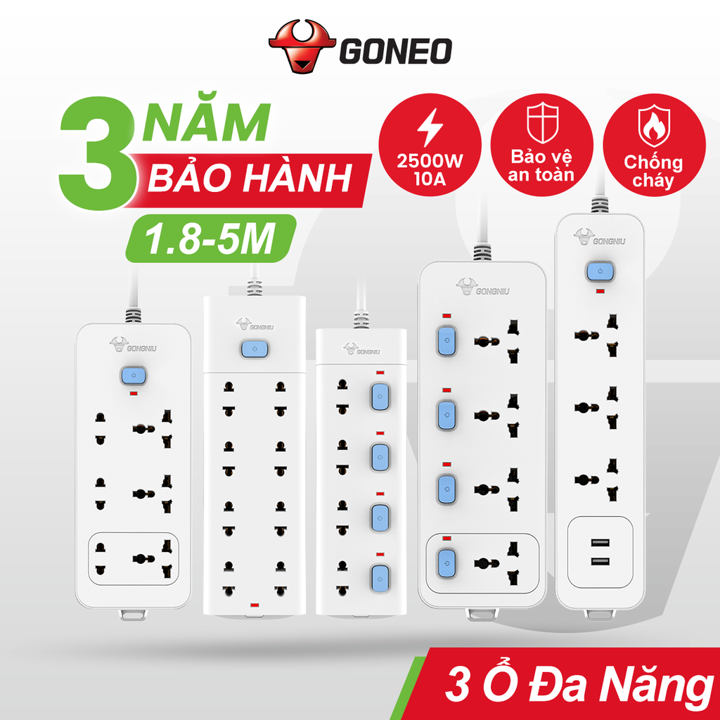 Ổ Cắm Điện Chống Cháy GONEO 4 Ổ Đa Năng 4 Công Tắc – Công Suất 10A/250/2500W – Trắng – Chính Hãng (N3040)