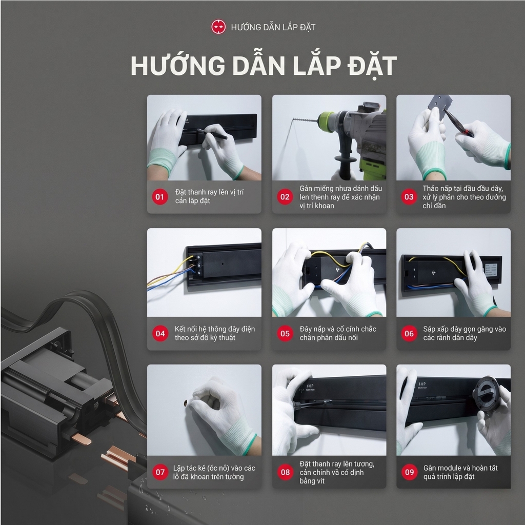 Chargee ELEGANT Combo Thanh ray kim loại 50cm + 2 ổ đa năng màu Xám