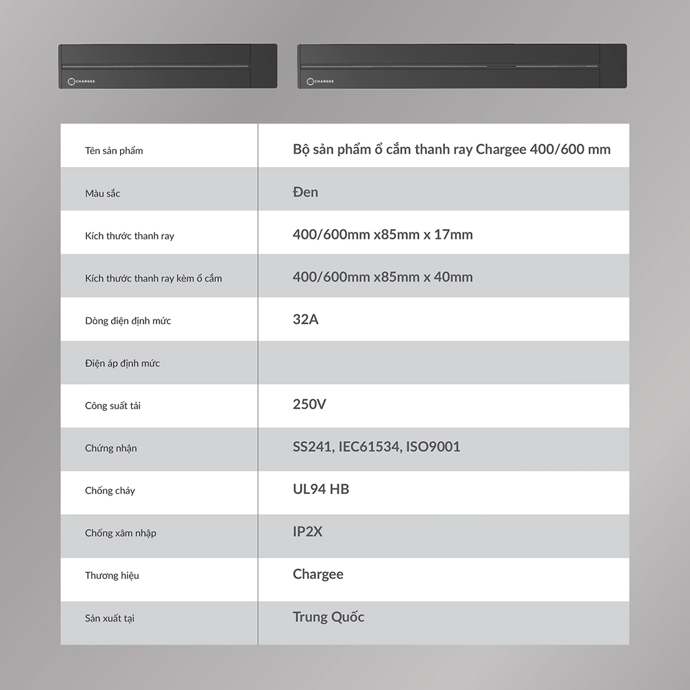Combo Thanh ray CHARGEE 60cm + 2 ổ đa năng led điểm + 1 ổ type C T60-2S1-1S2