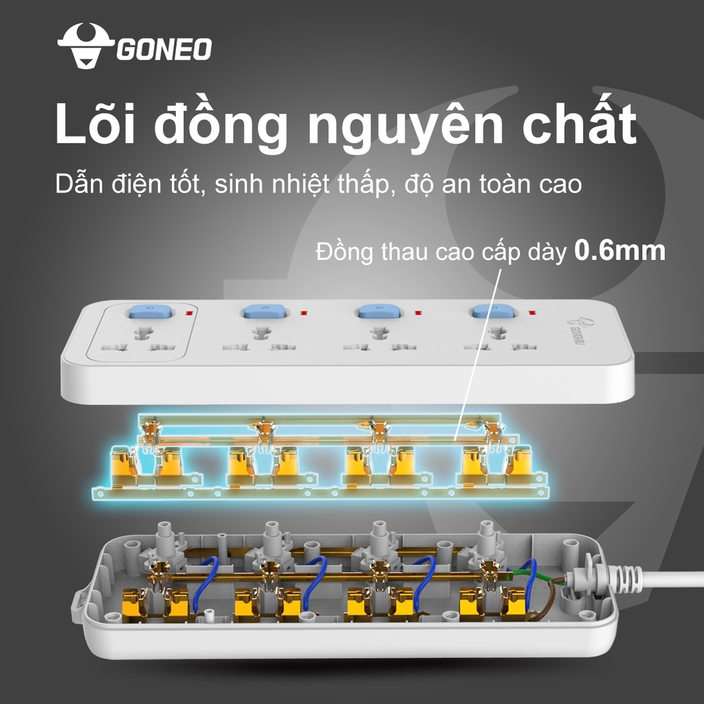 Ổ Cắm Điện Gongniu 4 Ổ Đa Năng 4 Công Tắc – Công Suất 10A/250/2500W – Trắng – Chính Hãng (N3040)