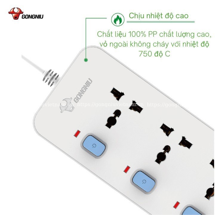 Ổ Cắm Điện Gongniu 4 Ổ Đa Năng 4 Công Tắc – Công Suất 10A/250/2500W – Trắng – Chính Hãng (N3040)