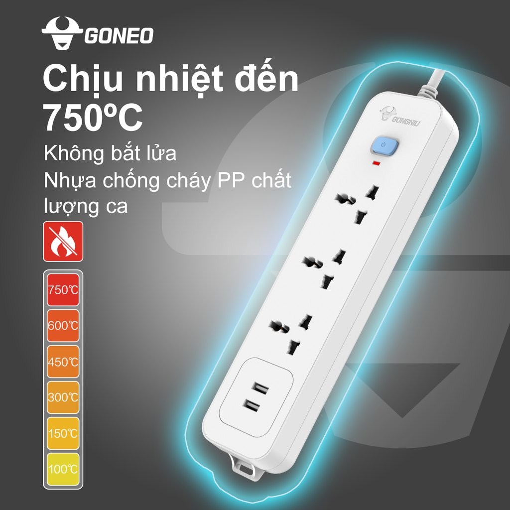 Ổ Cắm Điện Chống Cháy GONEO 3 Ổ Đa Năng + 2 USB 1 Công Tắc – Công Suất 10A/250/2500W – Trắng – Chính Hãng (N103U)