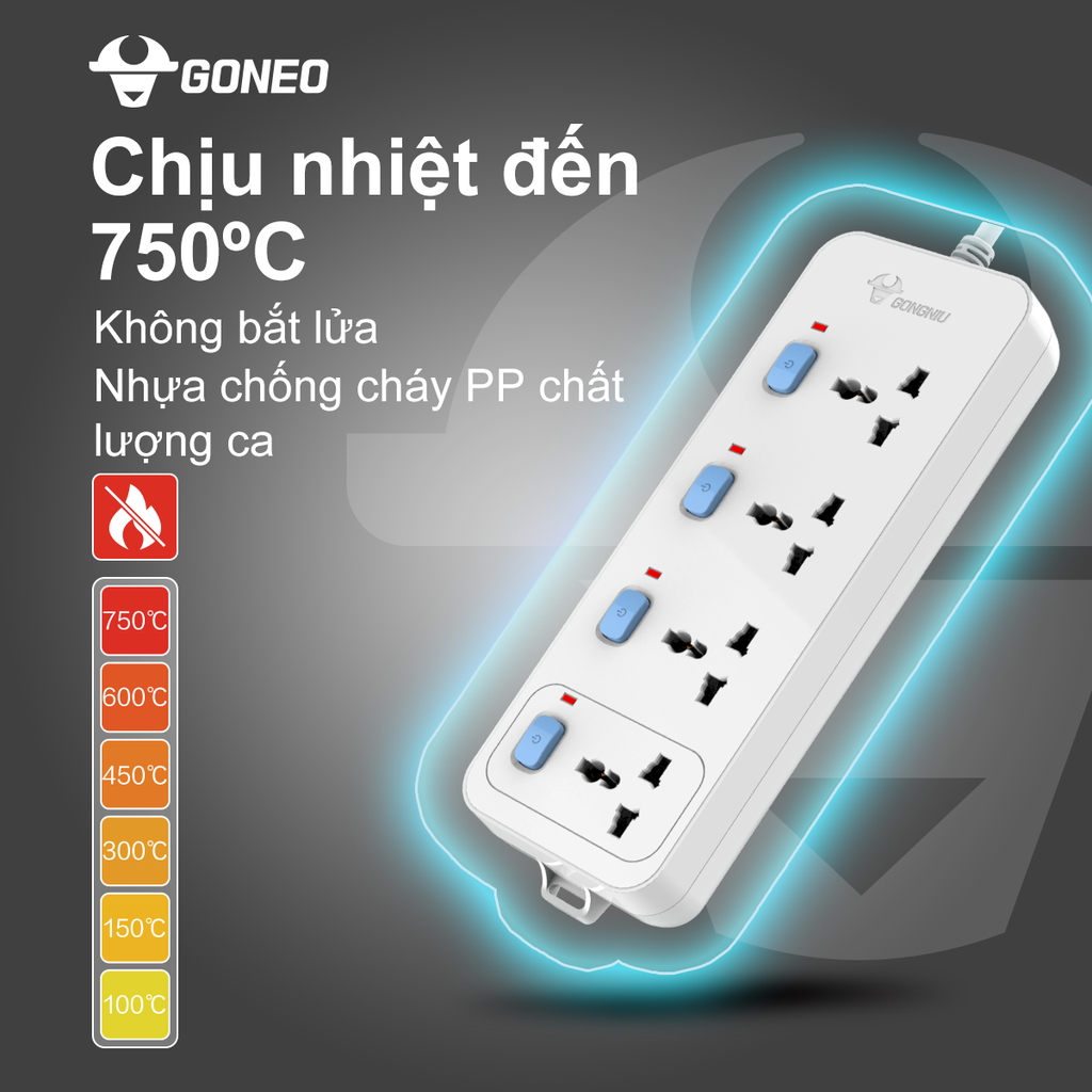 Ổ Cắm Điện Chống Cháy GONEO 4 Ổ Đa Năng 4 Công Tắc – Công Suất 10A/250/2500W – Trắng – Chính Hãng (N3040)