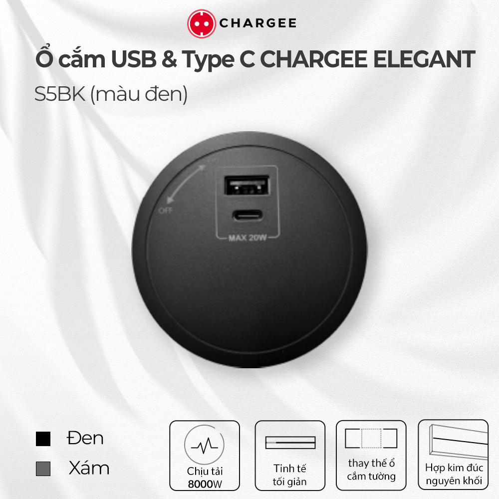 Chargee ELEGANT Ổ Cắm USB & Type C màu Đen