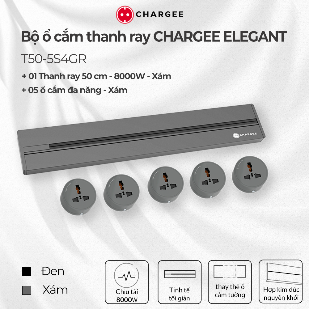 Chargee ELEGANT Combo Thanh ray 50cm + 5 ổ đa năng màu Xám