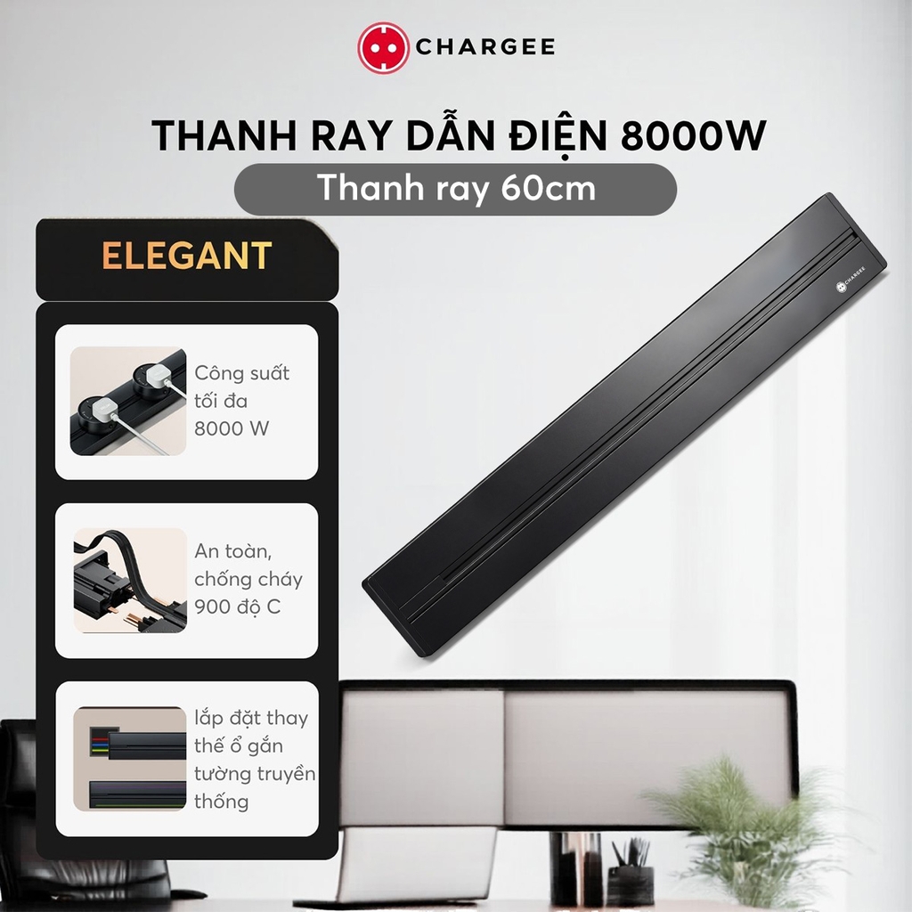 Chargee ELEGANT Thanh ray lắp nổi 50/60/80cm - Đen/Xám - Nhựa/Kim loại